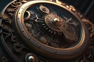 Fototapete - A Close Up Of A Clock With A Mechanical Design On It Junkyard Kinetic Art Motion Graphics Generative AI 