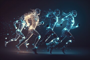 Poster - A Group Of People Running In A Line With Glowing Lights On Them Sports Bar Sports Photography Supply Chain Optimization Generative AI 