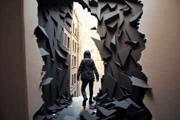Poster - A Man Walking Through A Tunnel Of Black Paper Art Pieces In A Hallway Graffiti Wall Paper Cutting Art Modeling
