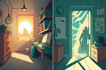 Poster - A Room With A Desk And A Window With A Man Standing In It Modern City Skyline In The Morning With Sunrise Animation Distance Education Generative AI 