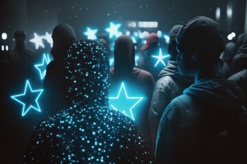 Poster - A Person Standing In Front Of A Crowd Of People With Stars On Their Hoods Nightclub Video Art Influencer Marketing Generative AI 