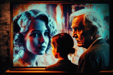 Poster - A Man And A Woman Looking At A Painting Of A Woman And Man Art Museum Video Art Oil Painting