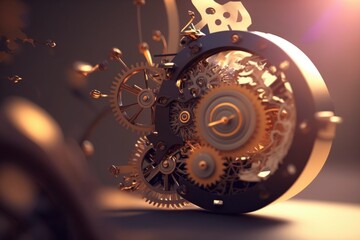 Poster - A Clock With Gears And A Clock Face On A Table With A Light Shining On It Workshop Kinetic Art Supply Chain Optimization Generative AI 