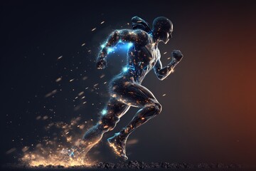 Aufkleber - A Man Running In A Futuristic Suit With Glowing Lights And Sparks Sports Bar Sports Photography Sports Photography