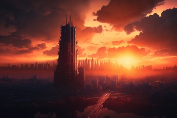 Poster - A Futuristic City With A Sunset In The Background And A Large Tower Modern City Skyline In The Evening With Sunset Animation Cities Generative AI 