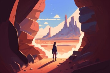 Aufkleber - A Person Standing In A Cave Looking Out At A Mountain Range Desert Canyon Animation Adventure