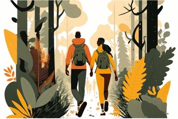 Poster - A Couple Of People Walking Through A Forest With Backpacks On National Park Woodcut Outdoor Gear Generative AI 