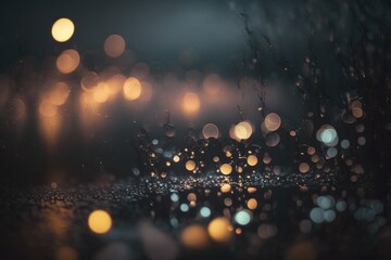 Poster - A Blurry Photo Of Rain Drops On A Window Glass With A Blurry Background City Street At Night Night Photography Motion Graphics Generative AI 