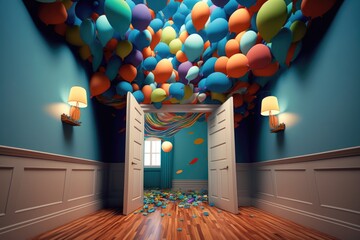 Poster - a room with a bunch of balloons flying in the air over the door arcade installation art interior des