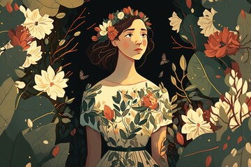 Poster - A Woman With A Flower Crown Standing In Front Of A Forest Garden Art Nouveau Print Design Generative AI 