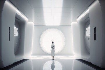 Poster - a person standing in a white room with a circular window in the middle factory constructivism set de