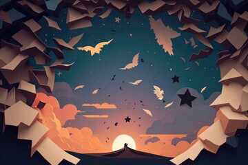 Poster - a colorful illustration of a sunset with bats flying over it and a person standing on a hill desert 