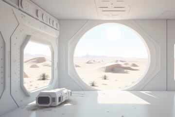 Poster - A Futuristic Looking Room With A Window And A Microwave In The Middle Desert Photorealism Environment Generative AI 