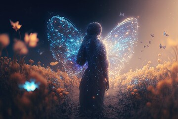 Poster - A Woman Standing In A Field With A Butterfly On Her Back Forest Fine Art Photography Energy Healing