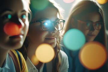Poster - Two Girls Wearing Glasses Looking At A Cell Phone With A Clown Nose Classroom Stereoscopic Photography Motion Graphics Generative AI 