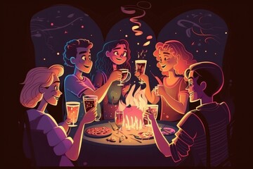 Poster - A Group Of People Sitting Around A Table With A Cake And Beer Brewery Animation Group Travel