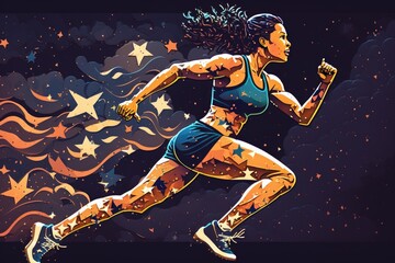 Poster - A Woman Running In A Blue Top And Stars On Her Arm Sports Bar Sports Photography Fundraising And Philanthropy Generative AI 