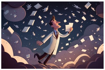 Poster - A Man In A Lab Coat Is Flying Papers In The Sky Arctic Sea Ice Environmental Art Science Writing