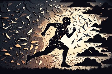 Wall Mural - A Man Running Through A Field With Bats Flying Around Him And A Sky Full Of Bats Zoo Environmental Art Performance Management Generative AI 