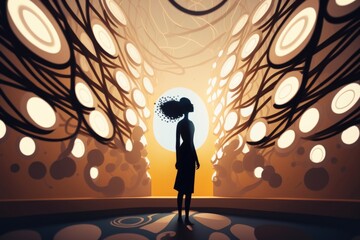 Poster - A Woman Standing In Front Of A Painting Of A Tree With A Sun In The Background Hospital Animation Natural Language Processing Generative AI 