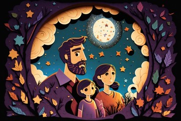 Poster - A Family Of Three 
Standing Under A Full Moon In A Forest Lunar Landscape Animation Animation Filmmaking Generative AI  generative Ai, generative, AI, 