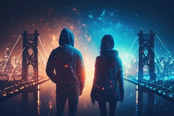 Poster - Two People Standing In Front Of A Bridge With A City In The Background Modern City Skyline At Night Graphic Design Cities Generative AI 