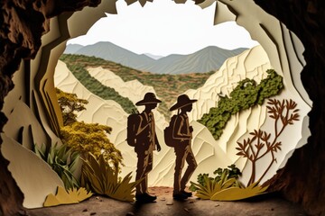 Poster - A Couple Of People Standing In A Cave With Mountains In The Background African Safari Landscape Paper Cutting Adventure Travel Generative AI 