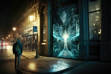 Poster - a man walking down a street at night with a butterfly poster city street at night kinetic art augmen