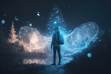 Fototapete - A Man Standing In Front Of A Christmas Tree With A Glowing Angel Forest Night Photography Energy Healing Generative AI 