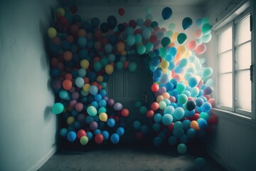 Poster - A Room With Balloons Floating In The Air And A Door In The Corner Arcade Installation Art Set Design