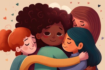 Poster - A Group Of Women Hugging Each Other With Hearts Around Them On A Beige Background Library Animation Diversity And Inclusion Generative AI 