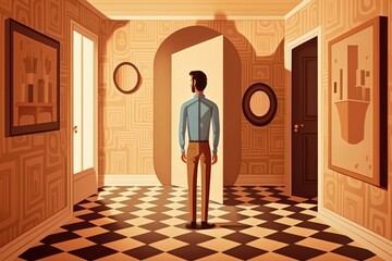 Poster - a man standing in a hallway with a checkered floor and a door motel cubism smart homes
