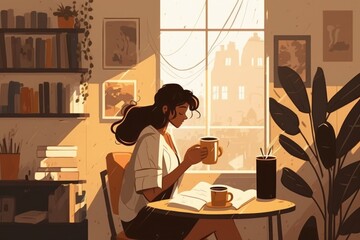 Poster - A Woman Sitting At A Table With A Cup Of Coffee And A Book Coffee Shop Animation Coffee