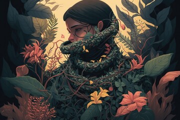 Poster - A Woman With A Snake Wrapped Around Her Neck In A Jungle Botanical Garden Environmental Art Botany