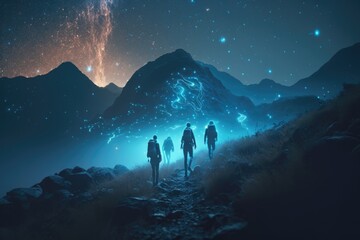 Poster - Three People Walking Up A Trail Towards A Mountain Range With A Sky Filled With Stars Lunar Landscape Night Photography Group Travel Generative AI 