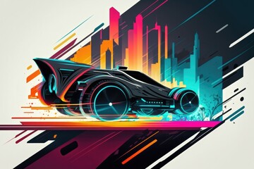 Poster - A Futuristic Car With A Futuristic City In The Background And A Neon Glow Arcade Art Deco Cars