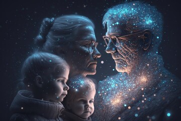 Poster - A Man And Two Children Looking At A Man With A Glowing Face Lunar Landscape Fine Art Photography Life Insurance Generative AI 