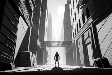 Poster - A Man Standing In A City With Tall Buildings And A Bridge City Alleyway Animation Animation Filmmaking