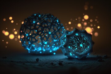 Fototapete - Two Glowing Balls On A Table With A Black Background And A Blue One Deep Sea Trench Macro Photography Scientific Photography Generative AI 