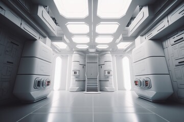 Poster - A Room With A Staircase And A Window In It That Looks Like A Spaceship Recording Studio Minimalism Set Design