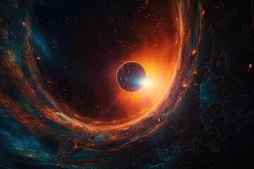 Poster - a black hole with a bright orange light in the center of it lunar landscape animation scientific pho