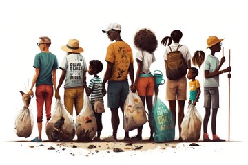 Poster - A Group Of People Standing Next To Each Other Holding Bags Of Garbage Supermarket Environmental Art Sustainability Generative AI 
