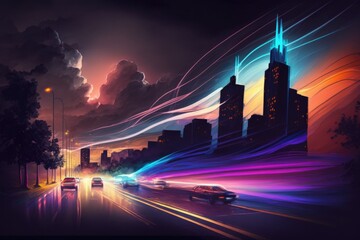 Poster - A Painting Of A City At Night With Cars Driving Down The Street Modern City Skyline At Sunset With Clouds Time-lapse Photography Computer Graphics Generative AI 