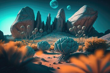 Fototapete - A Desert Scene With Rocks And Plants In The Foreground And A Moon In The Background Lunar Landscape Video Art Motion Graphics