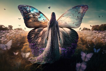 Poster - A Woman With A Butterfly Wings On Her Back In A Field Of Flowers Tundra Fine Art Photography Energy Healing Generative AI 