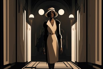 Poster - A Woman In A White Dress And Hat Walking Down A Hallway Art Deco Building Art Deco Costume Design Generative AI 