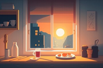 Poster - A Window With A Plate Of Fruit And A Cup Of Coffee Modern City Skyline In The Morning With Sunrise Animation Motion Graphics Generative AI 