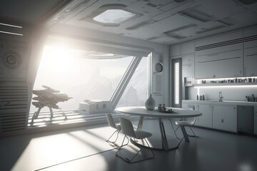 Poster - A Futuristic Kitchen With A Table And Chairs And A View Of The Mountains Tundra Minimalism Environment Generative AI 