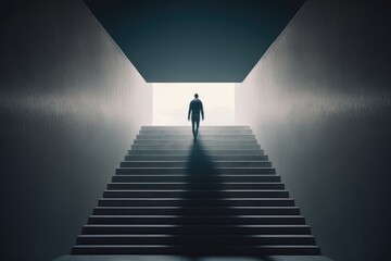 Poster - a man walking up a flight of stairs towards a light at the end deep sea trench minimalism career coa
