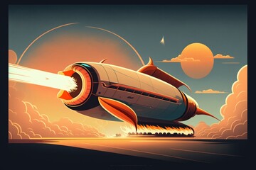 Poster - A Cartoon Style Illustration Of A Rocket Ship In The Sky With A Sun In The Background Deep Sea Trench Animation Motion Graphics Generative AI 